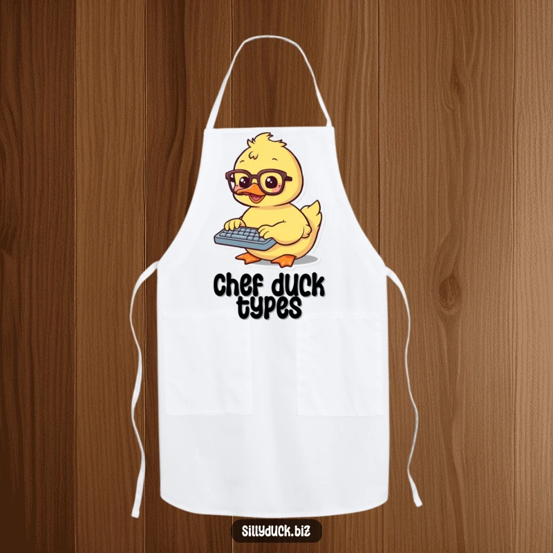 Funny Apron shows a kawaii duck wearing spectacles, typing on a small keyboard, adding a touch of humor to cooking.