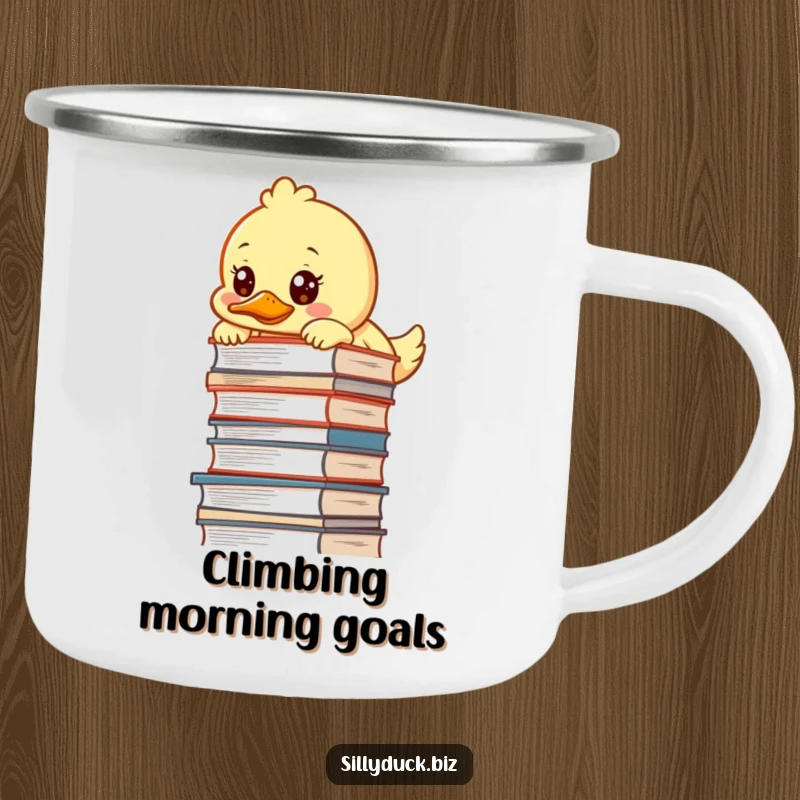 Funny Camping Mug features a kawaii duck peeking over a tall desk pile with a determined look, ready for any adventure.