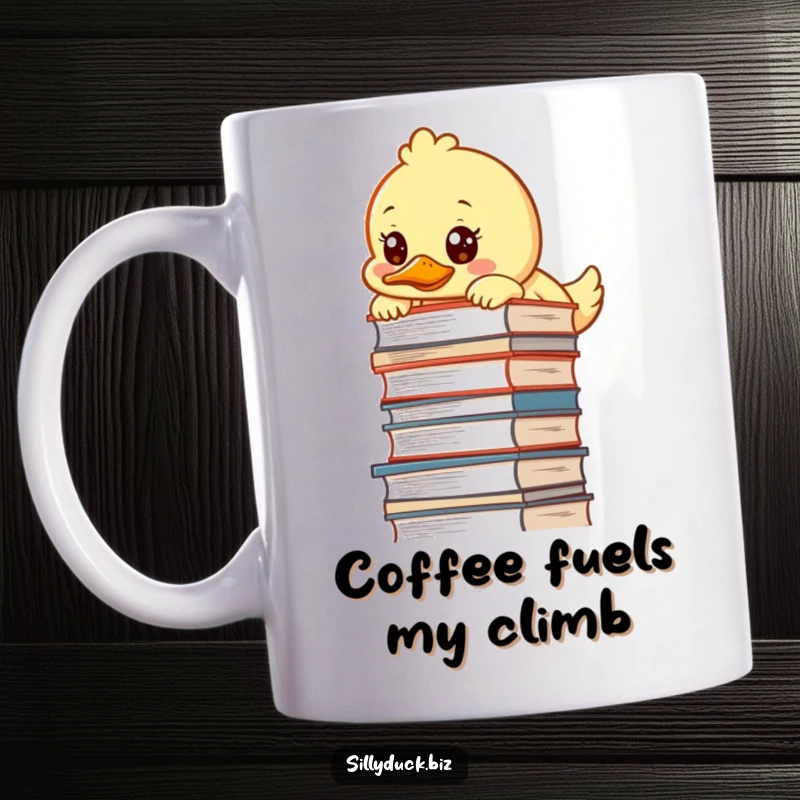 Funny Mug features a kawaii duck peeking over a very tall pile of desk documents with a determined yet slightly overwhelmed expression.