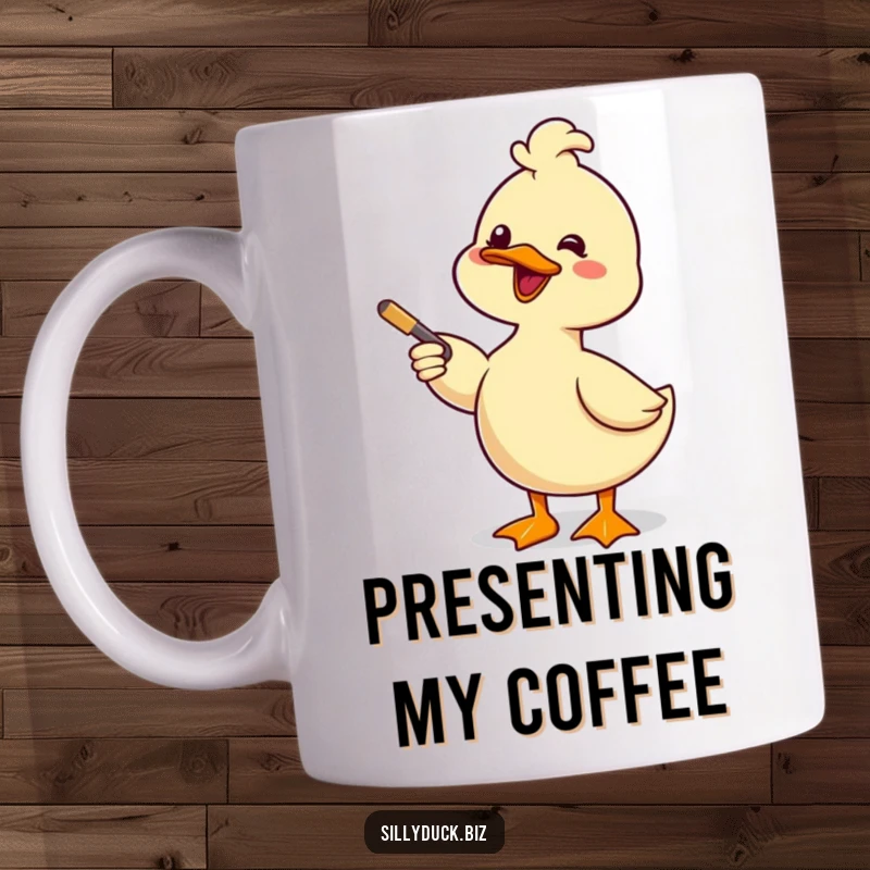 Funny Mug features a kawaii duck enthusiastically giving a presentation with a pointer and a wide, comical smile.