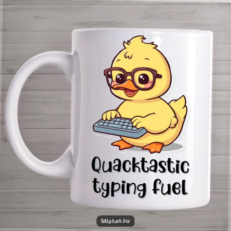 Funny Mug features a cute kawaii duck wearing spectacles, engrossed in typing on a tiny keyboard with great enthusiasm.