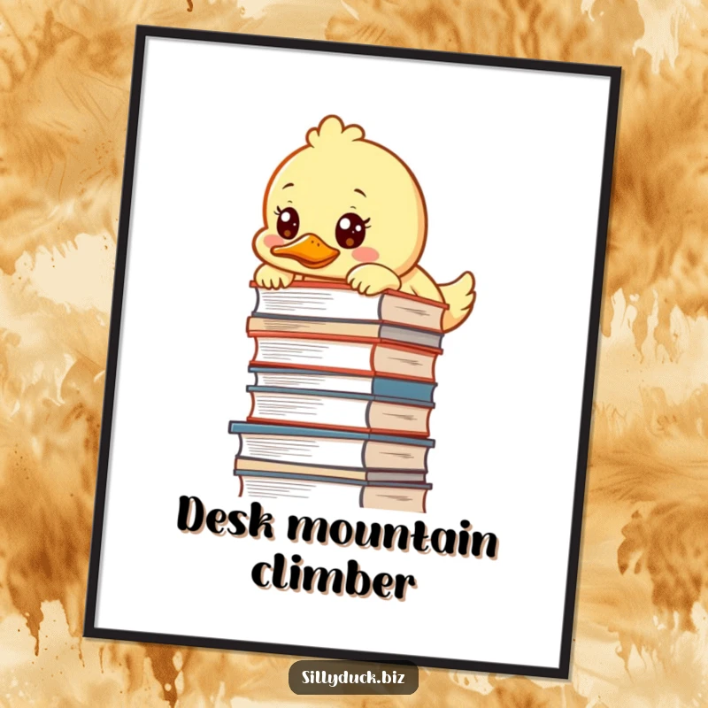 Funny Digital Art Print features a kawaii duck peeking over a tall desk pile with a determined look, ready for instant download.