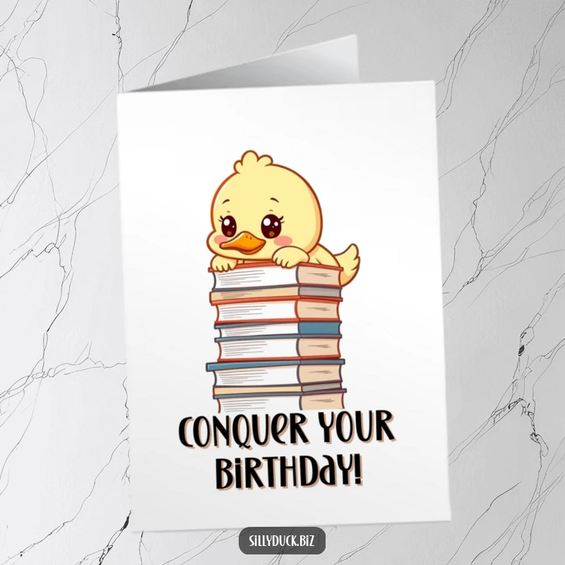 Funny Free Printable Birthday Card: Kawaii duck peeking over a massive desk pile with a very determined look. Happy Birthday!