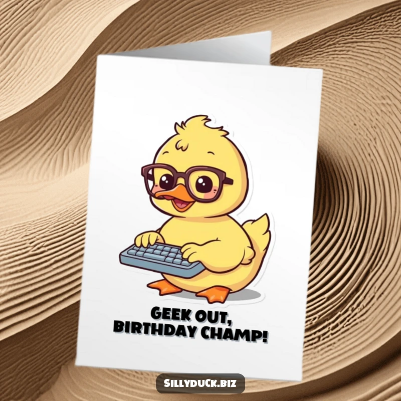 Funny Free Printable Birthday Card: A kawaii duck wearing spectacles, typing enthusiastically on a tiny keyboard, celebrating with joy.