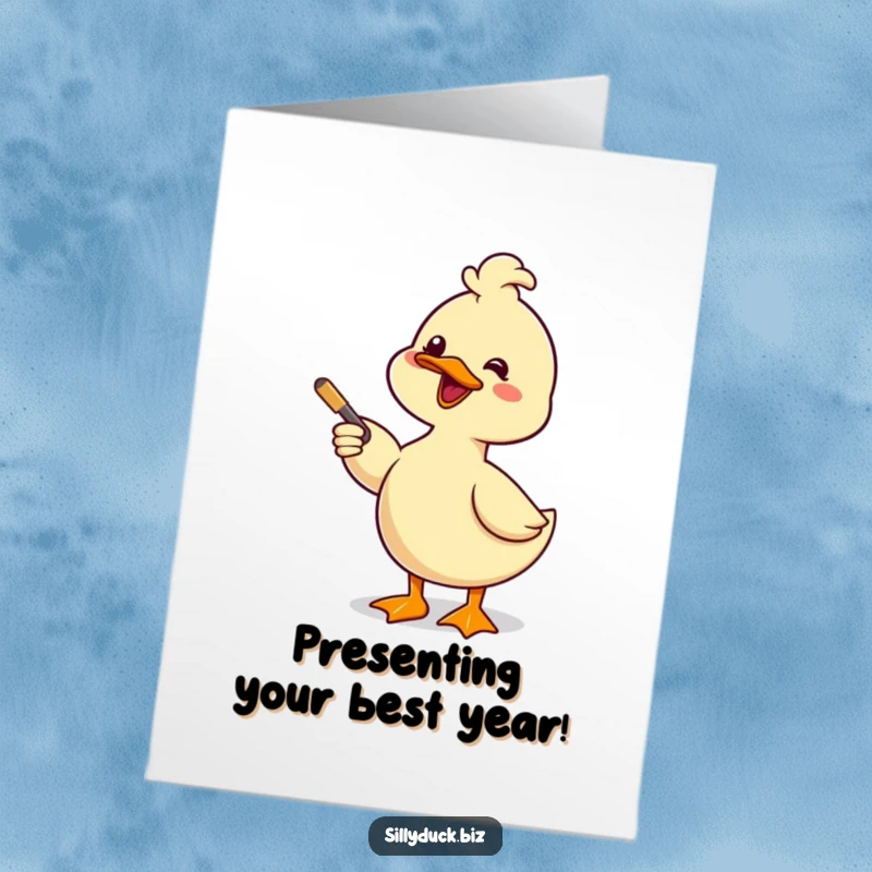 Funny Free Printable Birthday Card: A kawaii duck joyfully giving a comical presentation with a pointer and a big smile.