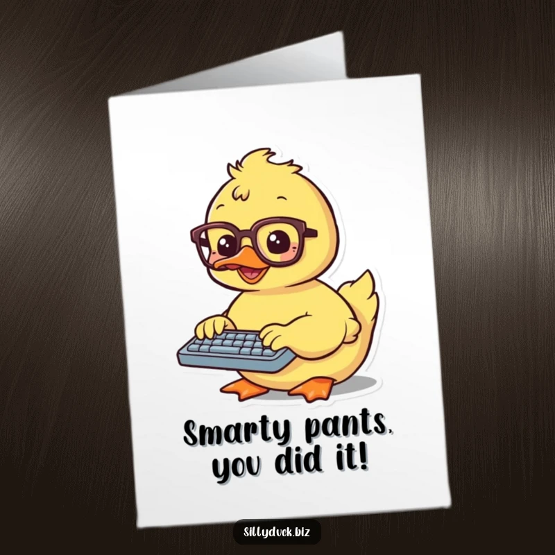 Free Printable Congratulations Card: A kawaii duck with spectacles typing on a tiny keyboard, celebrating a big win with glee.