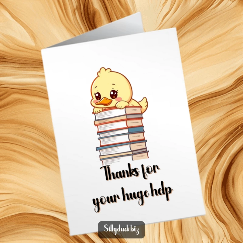 Free Printable Thank You Card: A kawaii duck with a determined look peeking over a tall desk pile, saying thanks.