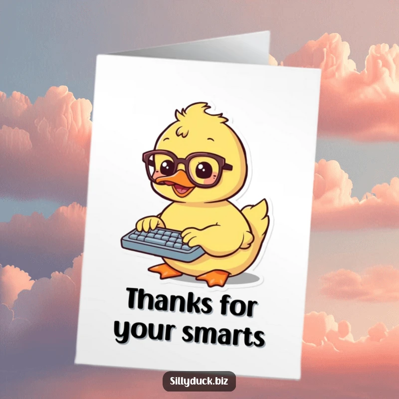 Free Printable Thank You Card: A kawaii duck wearing glasses, typing enthusiastically on a small keyboard, sharing appreciation.