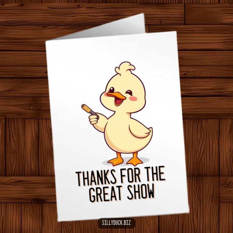 Free Printable Thank You Card: A kawaii duck giving a comical presentation with a pointer and a smile, expressing thanks.