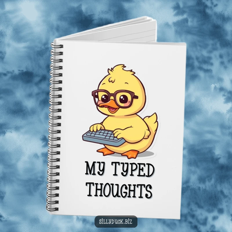 Funny Notebook decorated with a kawaii duck in glasses, enthusiastically typing on a tiny keyboard, ready for your notes.