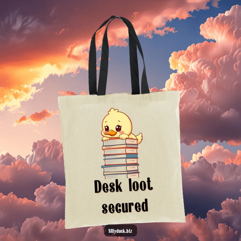 Funny Tote Bag features a kawaii duck peeking over a high stack of papers on a desk, showing a determined expression.